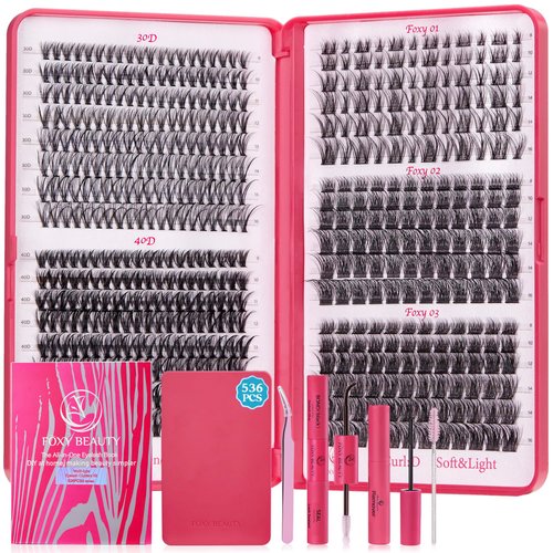 Lash Clusters Kit 536pcs - 30D 40D Lash Clusters 9-16MM & Lash Extension Kit 8 10 12 14 16MM,Natural Wispy Eyelash Extension Kit, Natural Lashes Clusters Kit Bond and Seal,Remover