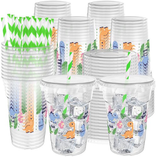 50 Pcs Dinosaur Cups for Kids, 12 Oz Dinosaur Disposable Plastic Cups with Straws and Lids, Dinosaur Party Decorations Dino Theme Party Favors for Kids Dinosaur Birthday Party Table Decor