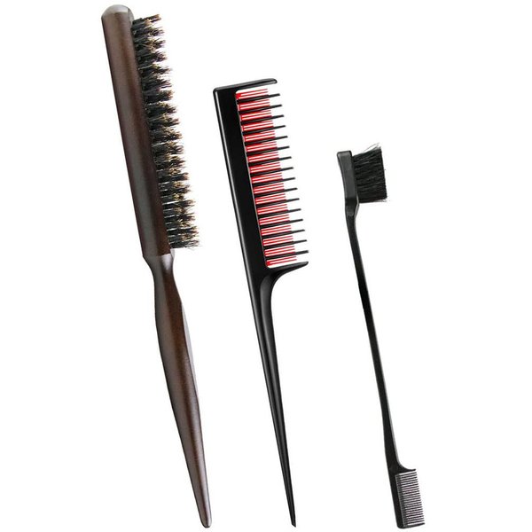 3 Pcs Hair Brush and Comb Set, Boar Bristle Teasing Brush, Three-row Rat Tail Teasing Comb, Double Sided Hair Edge Control Brush, Great for Detangling, Parting and Adding Shine