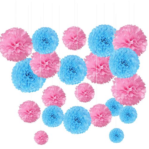 Pink,Blue Tissue Paper Pom Poms Flower Set-28PCS Ideal for Boy or Girl Gender Reveal Party Decorations (12",10",8",6)