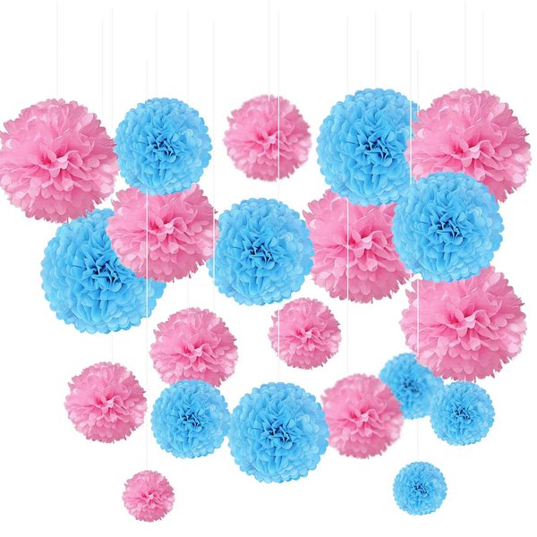 Pink,Blue Tissue Paper Pom Poms Flower Set-28PCS Ideal for Boy or Girl Gender Reveal Party Decorations (12",10",8",6)