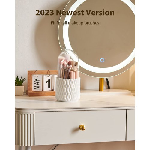 DooGooCoo Makeup Brush Holder [2024 Newest] [Dustproof & Waterproof] 360 Rotating Cosmetics Make up Brush Organizer Storage with Lid for Vanity