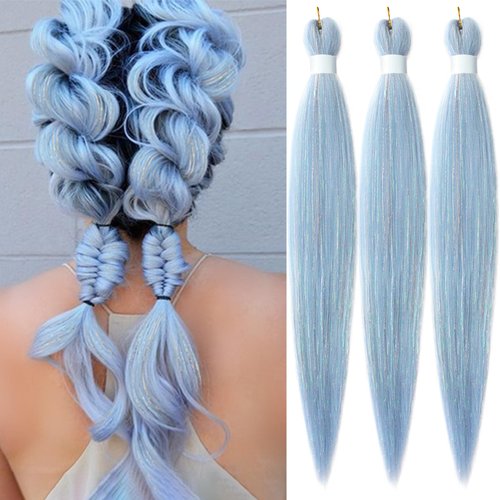 Savasana Baby Blue with Tinsel Pre stretched Braiding Hair, 26 Inches Kanekalon Box Braids Hair Extensions, 3 Packs Yaki Texture Braiding Hair Pre stretched