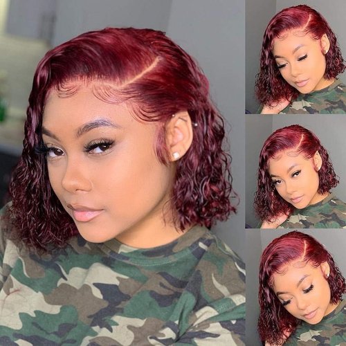 Jasperel 99j Burgundy Bob Lace Front Wigs Human Hair for Women 13x4 Hd Lace Frontal Short Curly Glueless Bob Wigs Pre Plucked Brazilian Remy Hair Wigs Wine Red Color 150 density 12 inch