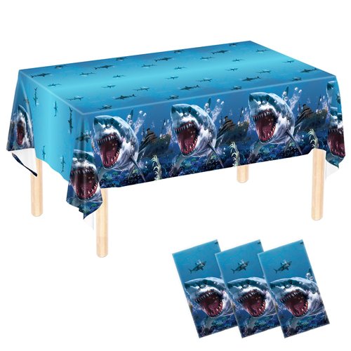 Detanpoly 3pcs Shark Party Tablecloth Shark Birthday Party Table Cover Plastic Under The Sea Dinn...