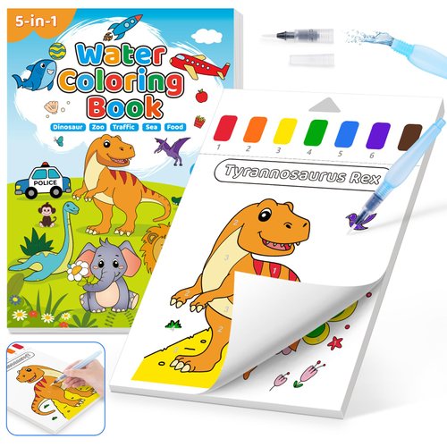 Hollyhi Paint with Water Book for Toddlers, Watercolor Coloring Book for Kids Ages 3 4 5 6 7 8 Years Old Boys Girls, Mess-Free Drawing Arts and Crafts for Kids Travel School Birthday Gifts (Dinosaur)