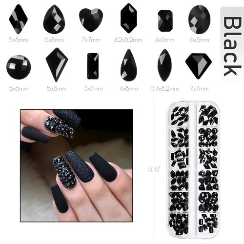 qiipii 120Pcs Black Rhinestones Nail Charms 12 Shapes Crystal Flatback Jet Black Big Gems Black K9 Glass Nail Stones Diamonds jewels Nail Art Supplies Nail Decor for Nails Face Eyes Makeup DIY Crafts