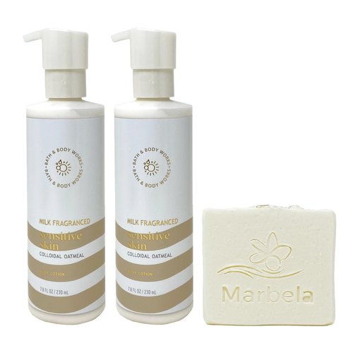 Bath & Body Works Sensitive Skin Milk Fragranced 2 Pack Body Lotion Bundle with a Natural Oats Soap - Full Size
