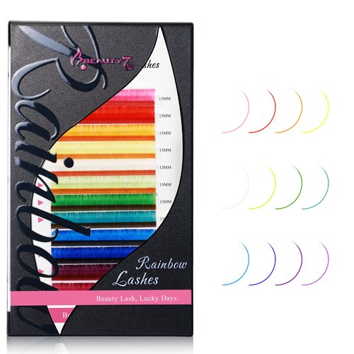 Beauty7 Colored Lash Extensions Rainbow Lashes Classic Lashes 12 Colors Lashes D+ Curl 0.05mm Thickness 13mm Dramatic Eyelashes Ombre Lash Extensions