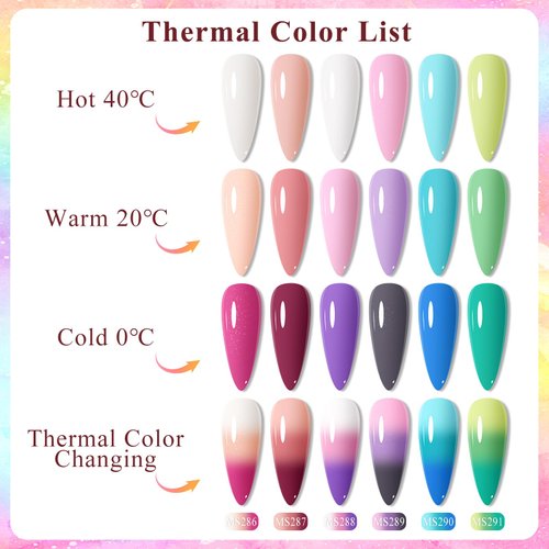 MSRUIOO Color Changing Gel Nail Polish Set, 6 Colors Mood Temperature Color Change Gel Polish, Pink Rose Violet Purple Blue Green Color Changing Nail Polish Gel