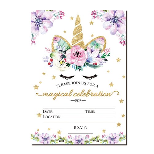 Outego Magical Unicorn Birthday Invitations, Glitter Unicorn Invitations with Envelopes for Kids Birthday (24 Pack)