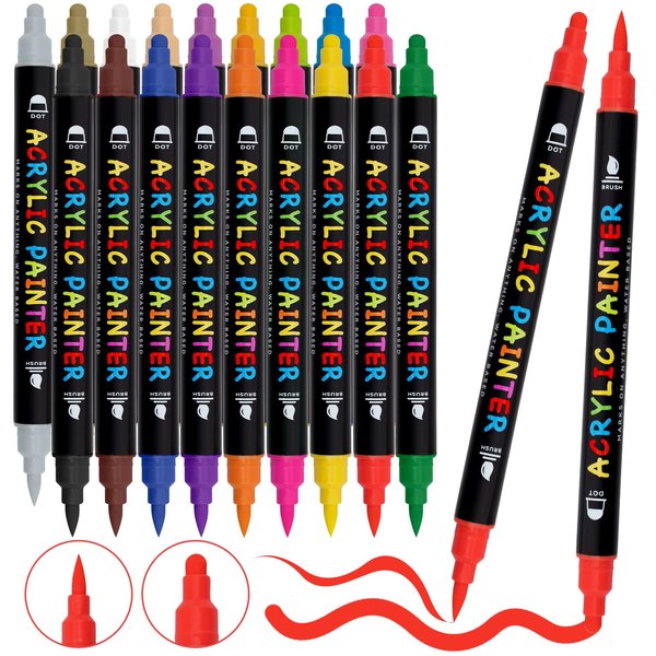 Tesquio Paint Pens, 18 Colors Acrylic Paint Pens Paint Markers, Dual Tip Pens With Medium Tip and Brush Tip for Rock Painting, Wood, Ceramic, Fabric, Canvas, Easter Eggs, Pumpkin Kit, DIY Crafts