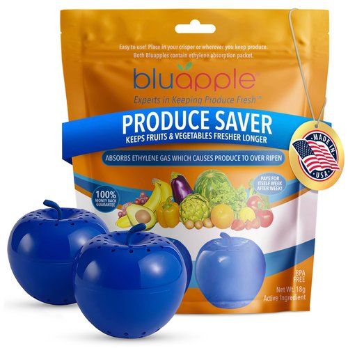 Bluapple Produce Saver Ethylene Gas Absorber 2-Pack - Keeps Fruits & Vegetables Fresh Longer in Refrigerator Crisper, Shelves, and Fruit Bowls, Lasts up to 3 Months, BPA Free, Made in USA