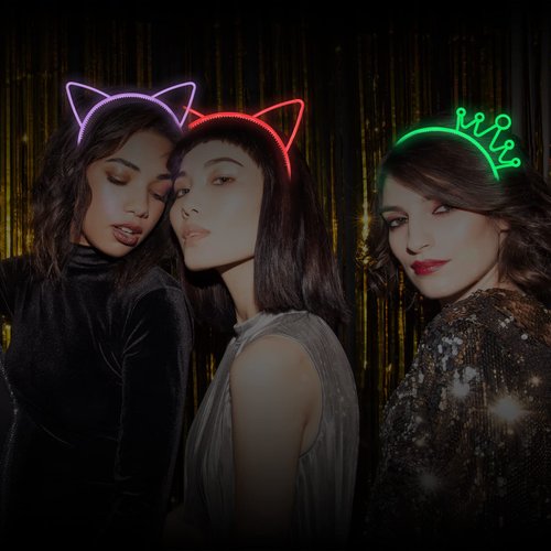 Glow in The Dark Party Supplies - Assorted Light Up Cat Ear Crowns, 12 Pcs Glow Headdresses for Birthday, Halloween Parties and Events
