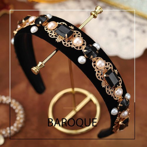 Firuilo Baroque Wide Headbands Black Rhinestones Hairband with Beaded Hair Ties Crystal Pearl Hair Hoop for Women (Type A)
