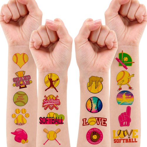 8 Sheets (96PCS) Softball Temporary Tattoos Sports Themed Birthday Party Decorations Favors Supplies Decor Stickers for Girls Boys Kids Gifts Classroom School Prizes Rewards