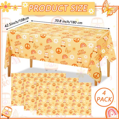 4 Pcs Stay Groovy Tablecloth Retro Hippie Boho Party Table Covers Daisy Flower Bohemian Rainbow Tablecloths Disposable Waterproof Table Cover 60s Theme Birthday Party Decor Supplies (42.5 x 70.8 Inch)