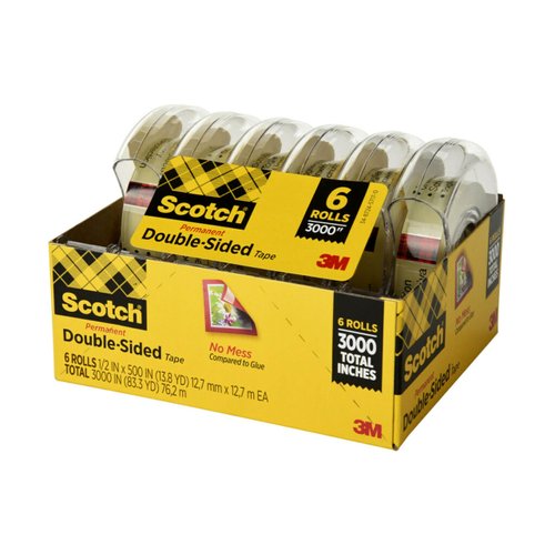 Scotch Double Sided Tape with Tape Dispenser, Office and School Supplies for Arts and Crafts, Alternative to Scrapbooking Tape, 0.5 in. x 500 in., 6 Tape Rolls With One Tape Dispenser