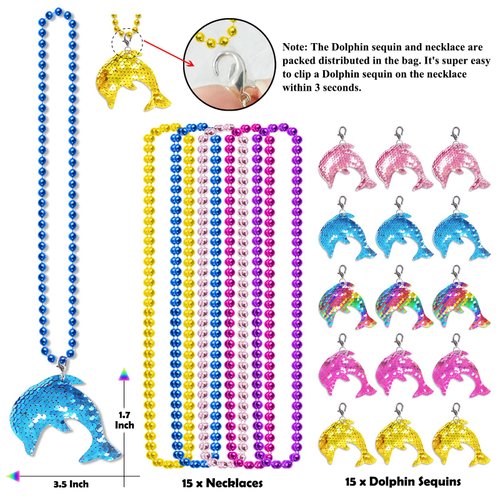 CiciBear 15 Pack Dolphin Sequin Necklace Party Favors with Mardi Gras Beads for Sea World Themed Party Favors, Home Decorations, Festivals,Wedding, Birthday Celebrations, 5 Colors