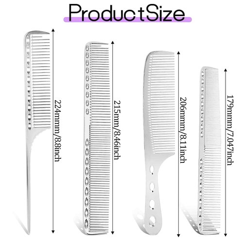 Metal Comb for Men, 4 Aluminum Dressing Comb Professional Barber Types Metal Hair Comb Set Foiling Combs Dandruff Combs for Women Metal Rat Tail Comb Hair Cutting Comb for Long Wet Curly (Silver)
