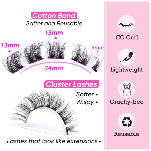 Focipeysa Lash Clusters DIY False Eyelashes Natural Wispy Faux Mink Lashes 13mm D Curl Cluster Eyelashes Extensions Natural Look Lashes DIY at Home