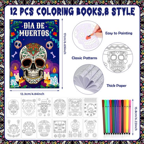 HOWAF 12 Pack Day of The Dead Coloring Books with 12pcs Paint Pens, Dia De Los Muertos Coloring Page Sugar Skull Mini Drawing Books Pads for Mexican Day of The Dead Party Halloween Classroom Activity