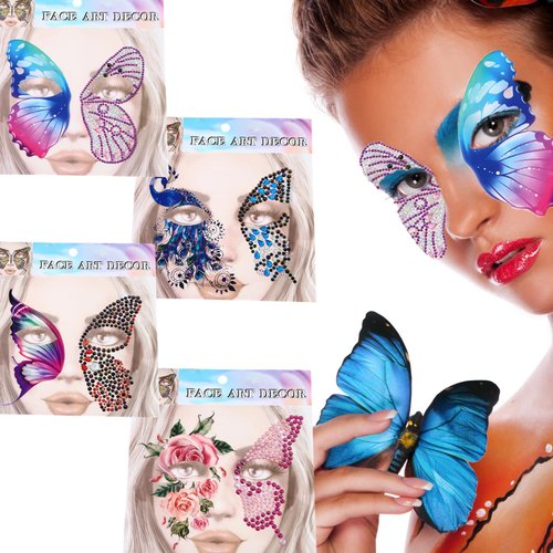Halloween Face Jewels Tattoos Butterfly Flower Peacock Temporary Tattoos Face Rhinestone Gems Stickers, Day of the Dead Half Tattoo Half Gems Crystals Stickers for Halloween Carnival Party 4 PCS