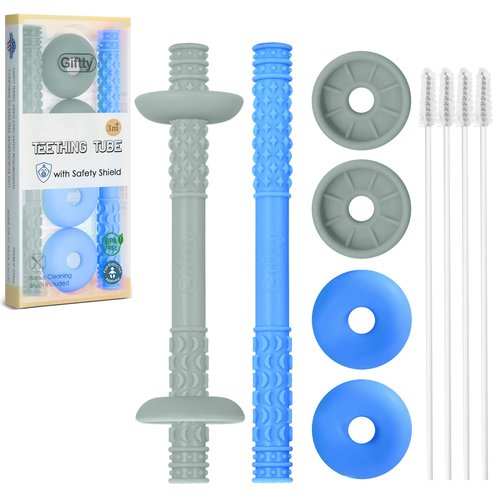 Giftty Teething Tube with Safety Shield Baby Hollow Teether Sensory Toys Gum Massager, Food-Grade Silicone for Infant 3-12 Months Boys Girls, 1 Pair with 4 Cleaning Brush Included (Blue+Grey)