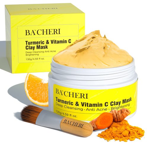 BACHERI Turmeric Vitamin C Clay Mask # 130g, Blackheads Acne Dark Spots Remover with Turmeric Extract, Turmeric Clay Mud Mask for Glowing Skin, Refining Pores and Controlling Oil