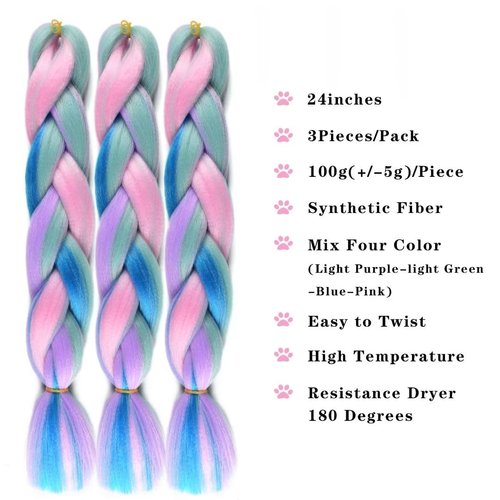 Jumbo Braiding Hair For Women Mix Four Colored Hair Extensions For Braiding Hair Extensions 24inch Rainbow Colors Synthetic Fiber For Box Braiding Hair(Light Purple/Light Green/Blue/Pink-3Pcs)