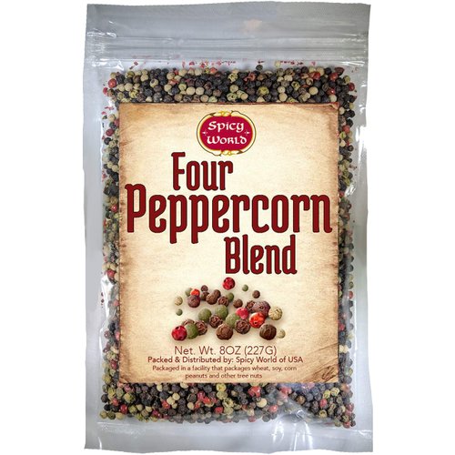 Spicy World Four Peppercorn Rainbow Blend in Resealable Bag – Perfect Flavor Blend - NON-GMO, Steam Sterilized - Whole Black, Whole Green, Whole White & Whole Pink Peppercorns, 8 Oz