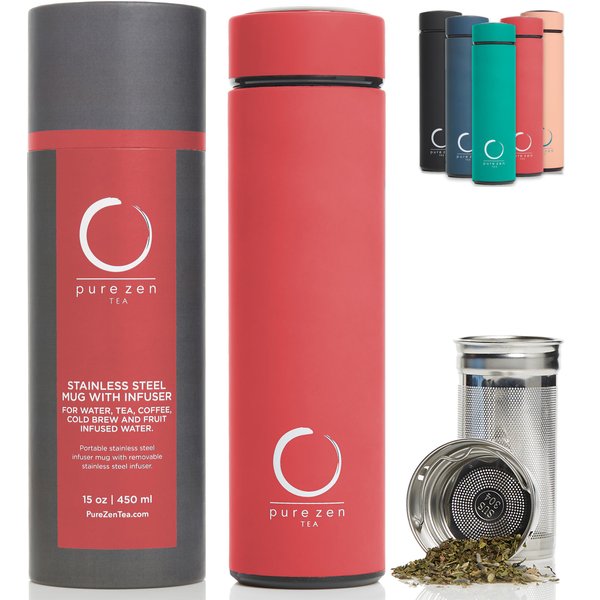 Pure Zen Insulated Tea Thermos with Infuser - for Tea, Coffee and Fruit-Infused Water - Portable Travel Tea Mug with Infuser and Lid - Unique Gifts for Women - 15oz Tea Bottle Red