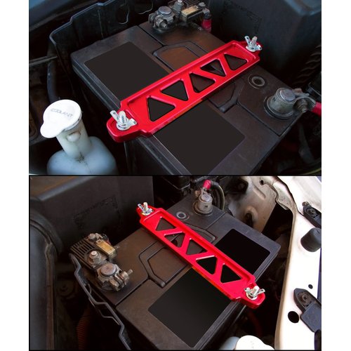 AOCISKA Battery Hold Down Bracket, Universal Crossbar Car Battery Holder Kit with 10in J Bolts,Car Battery Lock Down Sets,Aluminum Alloy Battery Tie Down Mount Bracket,Hold Lock Accessories (Red)