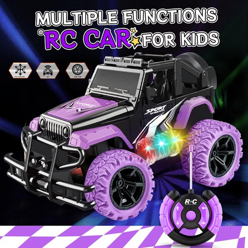 Blooming lilies Remote Control Car for Girls 3 4-7 Christmas Birthday Gifts, Rc Truck with Cool Lights Car Toys for Kids Indoor Outdoor Games- 1:20 Scale Off Road Rc Cars Purple