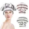Haomye Microfiber Hair Dry Cap Absorbent Quick Drying Cap Soft Hair Drying Towel Stripe Dry Hair Cap Hair Towel Cap with Bow-Knot Shower Cap for Women and Girls 2Pcs (Coffee White & Grey White)