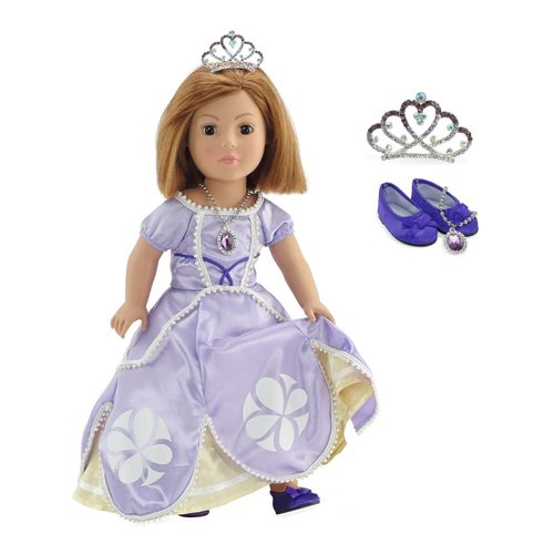 Emily Rose 18 Inch Doll Clothes Accessories | 4-PC Princess Dress Gown Costume Outfit with Crown, Necklace and Matching Shoes Accessory Gift Set | Fits Most 18" Dolls