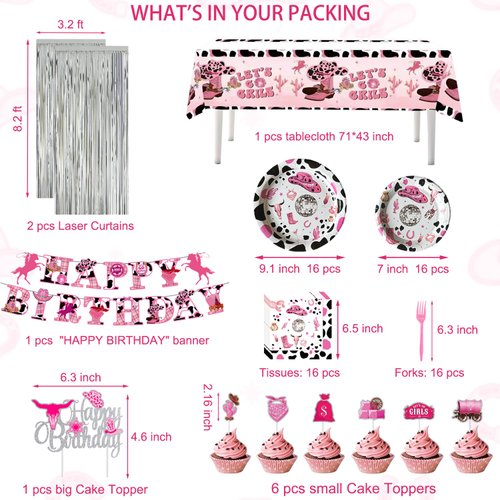 Disco Cowgirl Party Decorations,171Pcs Western Cowgirl Horse Birthday Party Decoration Supplies (16 Guest) with Cowgirl Plates Napkins Forks Tablecloth Cake Topper Fringe Curtain Balloon Banner