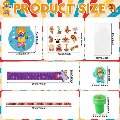 Cholemy 168 Pcs Circus Party Favors Carnival Party Supplies Circus Animal Stationery Set Notebook Sticker Stamper Eraser Ruler Pencil Bag for Carnival Baby Shower Birthday Party Gift Classroom Prize