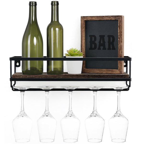 Mkono Wall Mounted Wine Rack - Bottle & Glass Holder Wood Rustic Floating Racks with Stemware Hanger Modern Plants Photos Wine Bottles Display Wall Storage Shelf for Kitchen Dining Room Home Bar