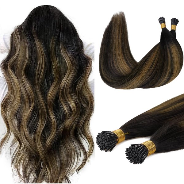 DOORES Hair Extensions Real Human Hair, Balayage Natural Black to Chestnut Brown 22 Inch 50g/50s, I Tip Hair Extensions Cold Fusion Hair Extensions Invisible I Tips Extensions Silky Straight