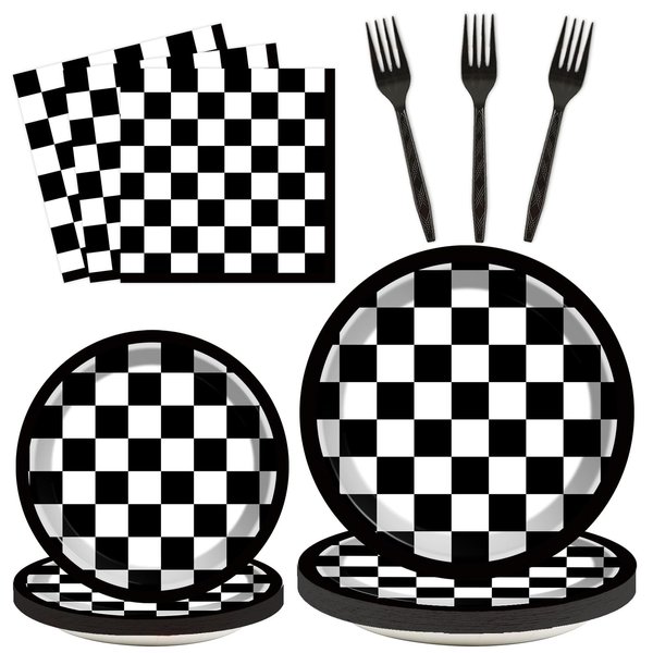 200 Pcs Checkered Flag Party Supplies Black and White Checkered Paper Plates Racing Car Party Plates Napkins Forks Disposable Black Plaid Tableware set for Kids 50 Guests Birthday Decorations Supplies