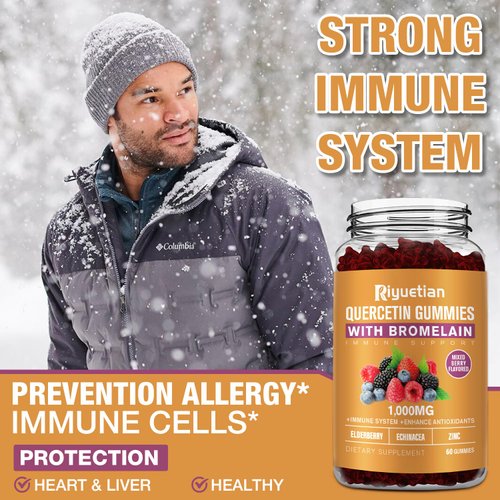 Quercetin Gummies - Quercetin with Bromelain, Zinc & Vitamin C - Quercetin 1000mg Supplement for Immune System Support - Pure Quercetin for Kids and Adults - Non-GMO 60 Count Quercetin Chewable