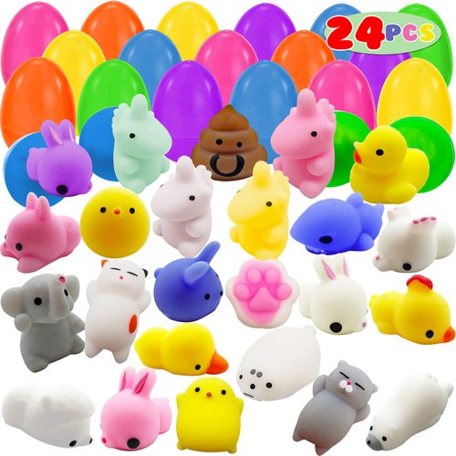 24 Pieces Mochi Squishy Prefilled Easter Eggs; 2 1/4 inch Eggs for Easter Basket Stuffers, Filled Easter Egg Hunt Event, Kawaii Unicorn Squishies Party Favor, Goodie Bag Filler, Claw Machine