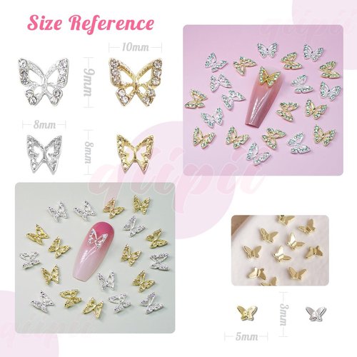 Butterfly Nail Charms, 58pcs 3D Golden Silver Butterfly Charms for Acrylic Nails, 8 Butterflies Nail Rhinestones Gems Charms +50 Alloy Studs, Nail Art Crystals Diamonds Decor Supplies for Nails DIY