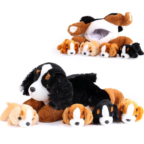5 Pieces Dog Stuffed Animal Puppy Stuffed Animal 1 Big Mommy Dog with 4 Mini Baby Cute Soft Plush Dog Stuffed Dog with Puppies for Birthday Children's Party (Mountain Dog)