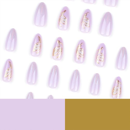 Tyuimhx Purple Press on Nails Medium Almond Fake Nails Glitter False Nails with Gold Butterfly Designs Full Cover Stick on Nails Acrylic Artificial Nails for Women Girls Glue on Nails 24Pcs