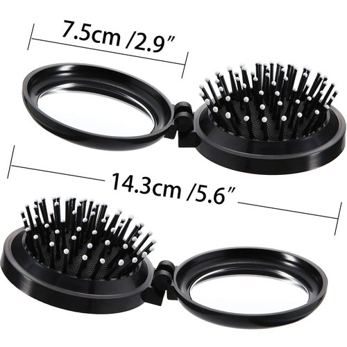 Boao 2 Pack Foldable Travel Mirror Hair Brushes Round Portable Folding Pocket Hair Brush Mini Hair Comb Compact Travel Size Hair Massage Comb for Men Women(Black)
