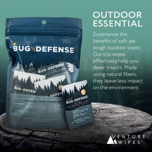Venture Wipes Natural Mosquito Repellent Wipes - DEET-Free Bug Repellant - Long Lasting Insect Repellent Wipes - Travel Friendly - Citronella, Peppermint, and Rosemary Infused - 15 Count Bag