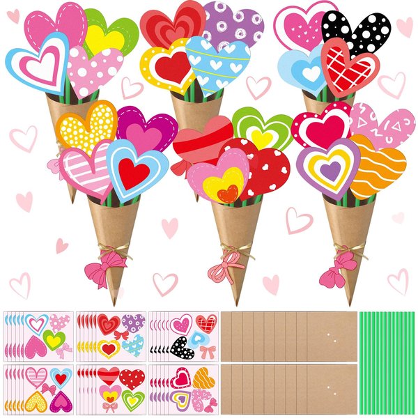 Motipuns 36 Set Valentine's Day Flower Bouquet Craft Kit DIY Heart Paper Crafts Colorful Make Your Own Valentine's Day Gifts Craft for Spring Valentines Handmade Project Home Classroom Activities