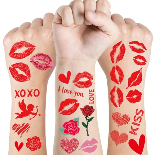Valentine's Day Temporary Tattoos for Kids Women,10 Sheets Waterproof Fake Tattoo Valentine's Day Romantic Heart Sexy Lips Kiss Rose Cupid Design Tattoos Sticker Anniversary Wedding Party Favor Supply